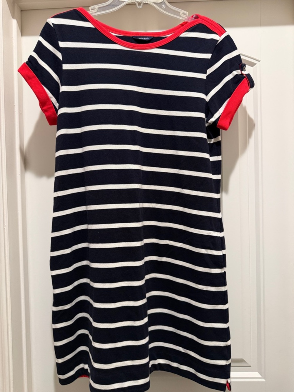 Lands' End Navy and White Striped Dress with Red Trim